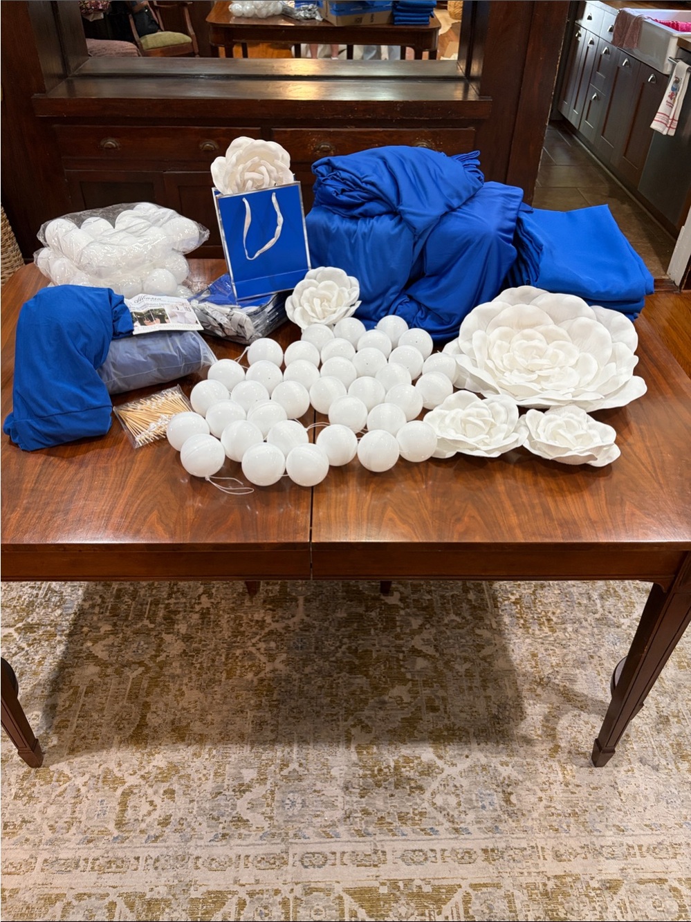 Blue Table Linens with White Decorative Ornaments - Home Dining